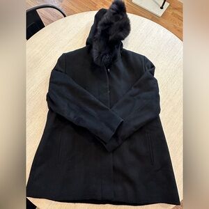 Sachi wool short black pea coat real fur hood - size large